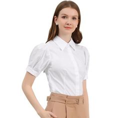 A basic button-down shirt features puff short sleeves bringing a touch of femininity and detail to any of the work-wear looks for added flair.
Made from lightweight soft cotton fabric, this puff sleeve button-down collar shirt drapes beautifully and ensures you stay comfy all day long.
Pair this work office shirt with shorts, work pants, or casual jeans. Puff Sleeve Shirt For Work, Semi-formal Solid Color Short Sleeve Tops, Chic Puff Sleeve Shirt For Work, Formal Tops With Puff Sleeves And Cuffed Details, Elegant Short Sleeve Shirt For Office Wear, Formal Short Sleeve Tops For Office, Classic Puff Sleeve Shirt With Button Closure, Puff Sleeve Shirt With Button Closure For Work, Short-sleeved Office Shirt With Button Cuffs