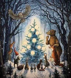 a painting of animals around a christmas tree