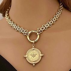 Gold Chunky Multilink Chain Necklace-French Bee Replica Coin, Coin wit - Vanessadesigns4u Gold Coin Jewelry, Hand Knotted Necklace, Beautiful Gold Necklaces, 18k Gold Necklace, Bee Pendant, Spring Jewelry, Gold Coin, Gold Necklace Designs, Coin Jewelry