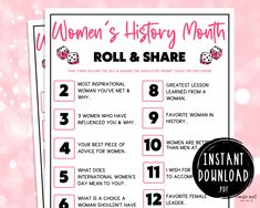 the women's history month roll and share game is shown on a pink background