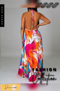 Halter Backless Colorblock Maxi Dress Bold Dresses For Spring Vacation, Bold Sleeveless Summer Dresses, Chic Multicolor Maxi Dress For Vacation, Summer Orange Color Block Dresses, Multicolor Color Block Dress For Day Out, Bold Summer Vacation Dresses, Multicolor Halter Neck Maxi Dress For Party, Sleeveless Color Block Summer Maxi Dress, Sleeveless Color Block Maxi Dress For Summer