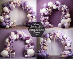 purple and white balloons are arranged in the shape of an o - letter for a balloon arch