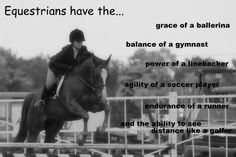 a woman riding on the back of a brown horse over an obstacle line with words describing equestrians have the