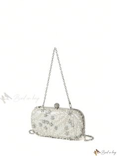 Bird in Bag - Exquisitely Handcrafted Box Clutch Bag: A Sophisticated Accessory Adorned with Beaded & Rhinestone Embellishments for Formal Events, Weddings, and Elegant Attires Glamorous White Evening Bag For Wedding, White Rhinestone Evening Bag For Formal Occasions, Elegant Evening Bag With Pearl Embroidery For Wedding, Glamorous Wedding Bags With Pearl Embroidery, Elegant White Bag With Rhinestones, Elegant Bridal Accessories With Pearl Embroidery For Ceremony, Elegant Silver Bridal Accessories For Evening, Elegant Rectangular Evening Bag For Ceremony, Elegant White Clutch For Ceremony