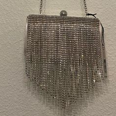 Dillard’s Brand Rhinestone Fringe Clutch Evening Bag Chain Crossbody Detachable Blush Under The Rhinestone Fringe Silver Embellished Bags For Night Out, Silver Embellished Clutch For Night Out, Silver Evening Bag With Bling For Night Out, Silver Embellished Crystal Bag, Silver Crystal Bag For Party, Chic Silver Crystal Evening Bag, Silver Crystal Embellished Bags, Silver Embellished Crystal Bags, Sparkling Silver Clutch