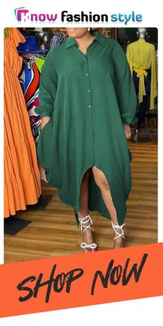 Green Fashion Elegant Solid Split Joint Turndown Collar Irregular Dress Plus Size Dresses Green Overall Dress Plus Size, Long Sleve Plus Size Maxi Dress, Brown Plus Size Sweater Dress, Plus Size Black Sress, Plus Size Sweater Dress 2022, Burgundy Fashion, Fly Outfit, Turndown Collar, Plus Size Pants