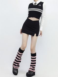 Material: Knit cotton Color: Black pink, Black white Y2k Black Bottoms For Winter, Trendy Black Cotton Knee-high Socks, Casual Black Knee-high Socks, Casual Black Knee-high Socks For Streetwear, Trendy Black Winter Bottoms, Black Knit Bottoms For Spring, Trendy Black Stretch Knee-high Socks, Fitted Thigh High Black Leg Warmers, Casual Black Knit Bottoms