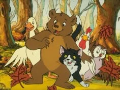 the bear and the cat are in front of turkeys, ducks, and geese