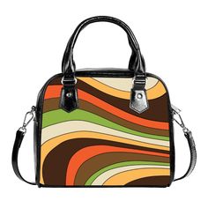 Groovy 70s style handbag, 70s Purse Style, Retro Handbag, Brown Stripe Handbag, Hippie Bag, Vintage handbag style, 70s inspired Bag Designed in California, Made to order from overseas. I love how this design came out. It is simple yet has a great vintage 70s vibe to it! A retro handbag with a multicolor abstract groovy stripe pattern print in brown, orange and green.  Great with your retro outfit, wide leg jeans, anything goes. It features a single zippered top closure as well as a removable, ad Retro Green Tote Shoulder Bag, Retro Green Satchel Shoulder Bag, Retro Green Shoulder Bag Satchel, Retro Green Shoulder Satchel, Green Retro Shoulder Bag For Shopping, Retro Green Tote Bag, Retro Green Satchel In Tote Shape, Retro Brown Tote Shoulder Bag, Retro Multicolor Top Handle Shoulder Bag