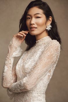 Watters Frances High-Neck Lace Sheath Wedding Gown | Anthropologie Sparkly Reception Dress, November Wedding Dresses, Sheath Wedding Gown, By Watters, Modest Wedding Gowns, Bright Dress, Sheath Wedding, Anthropologie Wedding, Sophisticated Bride