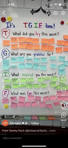 a bulletin board with sticky notes attached to it's sides and the words tgi if time?