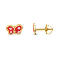 These adorable butterfly earrings for children feature white and red enamel wings outlined in 14K yellow gold. The dainty size is perfect for small ears, and screw backs keep the earrings securely fastened. Toddler Earrings, Small Ears, Jared The Galleria Of Jewelry, Gold Butterfly, Accessories Jewelry Earrings, Butterfly Earrings, Gold Enamel, White And Red, Earring Backs