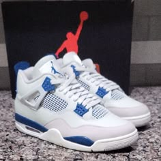 Jordan 4 Retro Military Blue Size 11.5 Classic Air Jordan 4 With A Sleek Design. Features White Leather And Blue Accents. Perfect For Style And Comfort. New Never Worn Box Included (See Pic For Condition) Jordan 4s Blue And White, Cheap Jordan 4, Cute Jordan 4, Blue Jordan 4’s, Cute Blue Shoes, Jordan 4 Blue, Jordan 4 Women, Mens Sneakers Fashion, Retro 4s