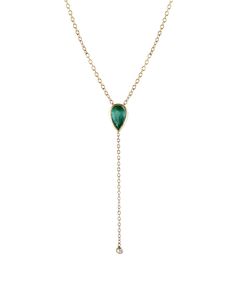 14k solid gold Length: 16" Drop: 1.5" 5x3mm Emerald Approximate emerald weight: .21 ctw 1.5 mm White diamond Approximate diamond weight: .015 ctw Green Lariat Jewelry For Formal Occasions, Formal Green Lariat Jewelry, Yellow Gold Long Drop Diamond Jewelry, Yellow Gold Diamond Long Drop Jewelry, Elegant Emerald Necklace With Adjustable Chain, Green 14k Gold Jewelry With Single Cut Diamonds, Adjustable Diamond Lariat Jewelry, Adjustable Lariat Diamond Jewelry, Elegant Adjustable Green Lariat Necklace