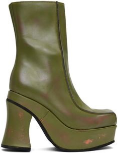 Ankle-high buffed leather boots in green. · Smudging and distressing throughout · Square toe · Pinched seams at vamp · Zip closure at inner side · Grained leather lining · Covered platform midsole · Covered block heel with rubber injection · Rubber sole · Platform: H1.75 · Heel: H4.5 Supplier color: Green Fall Green Heeled Boots With Reinforced Heel, Green Leather Ankle Platform Boots, Green Boots With Reinforced Heel And Square Toe, Green Square Toe Boots With Reinforced Heel, Green Ankle Heeled Boots With Reinforced Heel, Green Ankle Boots With Reinforced Heel, Green Square Toe Heeled Boots For Fall, Green Square Toe Boots For Fall, Fall Green Square Toe Heeled Boots