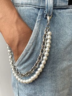 "10MM Pearl Pant Chain for Men, Stainless Steel Metal Strap, Mixed Heavy Duty Cuban Chain, Tarnish Free, Gift for Brother, Son, Boyfriend. Single Chain or 2 layers chain options.  Material: Faux Pearl-High Quality Hard Plastic, Stainless Steel (not cheaper alloy or brass), which is tarnish free, no color change and waterproof. The chain is using the same quality steel as for necklace, Bracelet or body jewelry.  *Pearl Color: White, Creamy *Pearl size:10mm *Metal chain: 7mm *Chain Length: measure Outfits With Chains Men, Pants Chain Men, Men’s Pearls, Mens Streetwear Jewelry, Men In Pearls, Chain Outfit Men, Mens Metal Fashion, Necklace Men Diy, Pearl Jewelry For Men