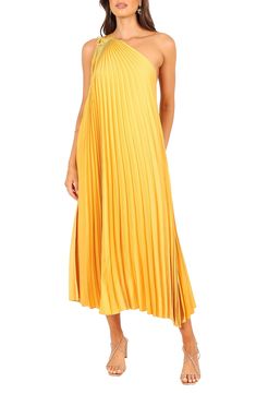 Allover pleats lend graceful movement to this shoulder-baring maxi designed in a glamorous golden hue. Slips on over head One-shoulder neck Lined 100% polyester Hand wash, dry flat Imported One Shoulder Long Dress Chiffon, Maxi Design, Yellow Maxi, Fall Wedding Guest Dress, One Shoulder Midi Dress, Dress One Shoulder, Usa Dresses, Satin Midi Dress, Women Maxi