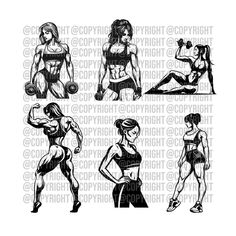 the silhouettes of female bodybursts are shown in different poses and positions