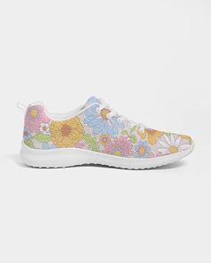 Women's Flyknit Spring Pastel Daisy Floral Sneakers These ultra-comfortable fly-knit shoes will give you a remarkable walking experience. Featuring a unique and captivating retro 70s Pastel Daisy Floral print, they will add a splash of vibrant style to your wardrobe. Take a cozy stroll while feeling like you're walking on air with these ultra-lightweight shoes - perfect for spring and summer travels. Product Details Featuring a lace-up front, breathable lining and soft insole for optimal fit, yo Comfortable Slip-on Running Shoes For Spring, Multicolor Round Toe Running Shoes For Spring, Comfortable Breathable Running Shoes For Spring, Casual Multicolor Textile Running Shoes, Comfortable Sneakers With Rubber Waffle Outsoles For Spring, Spring Textile Running Shoes With Rubber Sole, Spring Running Shoes With Textile Upper And Rubber Sole, Textile Running Shoes With Rubber Sole For Spring, Slip-on Running Shoes For Spring