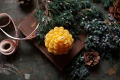 a pair of scissors and some pine cones on top of a table with other items