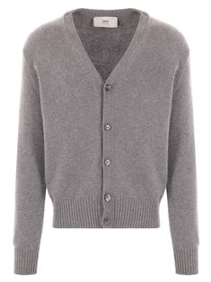 Grey cashmere-wool blend cardigan, knitted construction, signature Ami de Coeur monogram motif, V-neck, front button fastening, long sleeves, ribbed cuffs and hemComposition: Cashmere, 97% , Wool, 3% Formal Wool V-neck Cardigan, Luxury V-neck Outerwear With Button Closure, Fall Cashmere V-neck Sweater With Button Closure, Luxury Wool V-neck Sweater, Luxury Wool V-neck Cardigan, Designer Wool Sweater With Button Closure, Luxury Cashmere Cardigan With Button Closure, Designer Wool Long Sleeve Cardigan, Designer Long Sleeve Wool Cardigan