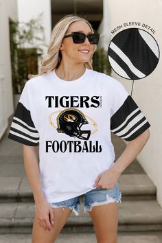 MISSOURI TIGERS STARTING LINEUP VINTAGE LOOK SHORT SLEEVE SPORTS STRIPE RAGLAN TEE White Baseball Jersey With Letter Print For Game Day, Varsity Tops For Cheerleading During Football Season, White College Baseball Jersey With Team Name, White Baseball Jersey With Team Name For College, Varsity T-shirt For College Football Season, Sporty Baseball Jersey With Team Name For College, Sporty College Baseball Jersey With Team Name, Sporty Baseball Jersey For College With Team Name, College Football Season Baseball Jersey With Letter Print