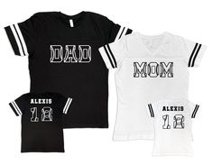 "DESCRIPTION: ❥ WOMEN'S Fit T-shirt: White V-NECK t-shirt that comes with \"MOM - or other title\" printed in black on the front of the shirt and \"Name + Number\" printed on the back of the shirt. The shirts are soft and cozy. The size chart is listed in the listing images. ❥ UNISEX Fit T-shirt: Black CREW NECK t-shirt that comes with \"DAD - or other title\" printed in white on the front of the shirt and \"Name + Number\" printed on the back of the shirt. The shirts are soft and cozy. The size Baseball Dad Shirts, Baseball Team Shirt, Baseball Family, Double Team, Dad Shirts, Sports Tee, Cozy Tops, Team Shirt, Baseball Shirt