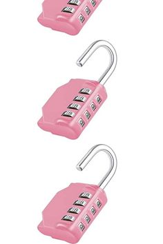 two pink padlocks with four keys on each lock and one key in the middle