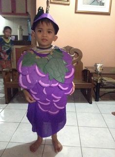 a young boy dressed up as a purple fruit costume with leaves on it's head