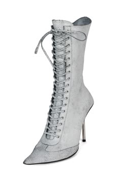 Mid-calf pointed-toe lace-up stiletto boot Fits true to size Measurements taken from a size 7 4" Heel, 0.25" Platform 9" Shaft, 9" Leg Opening Leather Upper, Leather / Fabric Lining, Synthetic Sole Zipper & Lace-up closure Butterfly Stomach, Jeffery Campbell Boots, Pixie Boots, Grey Knee High Boots, Shoes List, Jeffrey Campbell Boots, Granny Boots, Boot Fits, Platforms Sneakers