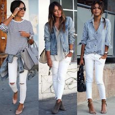 White Jeans Outfit, Jean Jacket Outfits, Striped Shirts, Spring Clothes, Mode Casual, Soft Classic, Fashion Mode, White Pants, Street Style Outfit