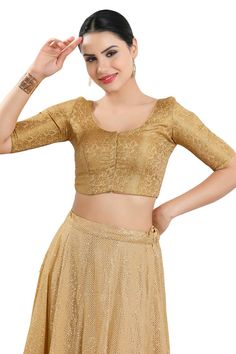 Buy Women's Gold Jacquard Readymade Saree Blouse Online Party Blouse Piece With Short Sleeve And Self Design, Formal Self-design Blouse, Elegant Brocade Blouse Piece, Fitted Gold Padded Blouse, Elegant Party Tops With Self Design, Elegant Short Sleeve Top With Self Design, Padded Short Sleeve Blouse For Party, Festive Formal Fitted Tops, Elegant Self-design Party Tops