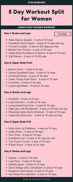 the 5 day workout plan for women is shown in pink and black, with instructions on how