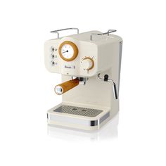 an espresso machine is shown on a white background with the clock displayed above it