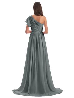 the back of a woman wearing a long grey bridesmaid dress with one shoulder