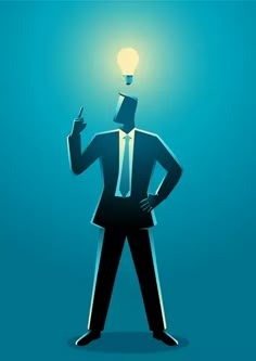 a man in a suit with a light bulb on his head is standing and pointing at something