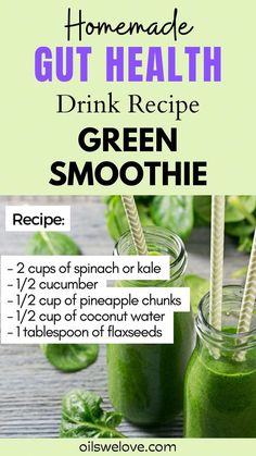 green smoothie recipe with text overlay that says homemade gutt health drink recipe