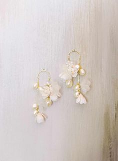 Handmade Bridal earrings - Cascading blossom, silk and pearl earring - Style #2305 | Twigs & Honey ®, LLC Pearl Earring, Sculpting Clay, Clay Flowers, Beads Handmade, Bridal Earrings, Pearl Beads, Fashion Earrings, Wedding Hairstyles, Blossom