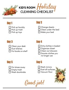 a holiday cleaning checklist with the words kids room holiday cleaning checklist on it