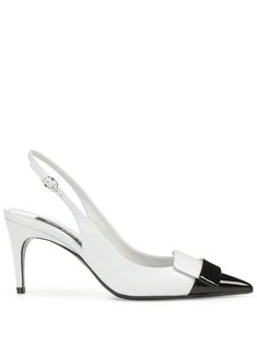 white/black leather patent finish buckle-fastening slingback strap pointed toe branded leather insole 75mm stiletto heel Slingback Shoes, White Pumps, Boot Pumps, Pumps Flat, Sergio Rossi, Slingback Pump, Leather Pumps, Leather Jewelry, Lanvin