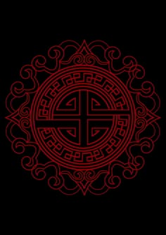 a red and black background with an ornate design in the shape of a celtic cross