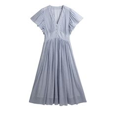 Women's Cotton and Linen Dress Striped Print V-Neck Flare Sleeve France Style Dress Blue V-neck Dress, Blue V-neck Dress For Brunch, V-neck Pleated Maxi Dress For Brunch, Pleated V-neck Maxi Dress For Brunch, Chic Blue V-neck Dress, Blue V-neck Beach Dress For Spring, Blue V-neck Dress For Daywear, Blue V-neck Dress For Summer Daywear, Blue Surplice V-neck Dress For Brunch