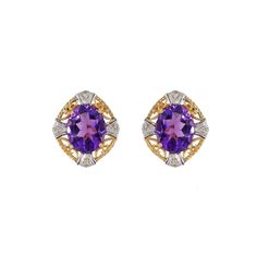 Natural Amethyst Diamond Stud Earrings, 14k Solid Yellow Gold Floral Stud Earrings For Gift, Diamond Amethyst Gold Jewelry Product Details > Gemstone - Natural Amethyst & Natural Diamond > Materials - 14K Solid Yellow Gold > Gemstone Shape - Oval, round > Earring Length : 16 mm Approx > Earring Width : 14 mm Approx > Gemstone weight : 3.83 carat approx >Diamond Weight : 0.04 carat approx > Gross Weight - 3.168 grams approx > Setting type - prong & pave setting *Production Time: Generally we keep Purple Fine Jewelry Earrings For Formal Occasions, Purple Oval Fine Jewelry Earrings, Purple Gemstone Accent Earrings For Anniversary, Purple 14k Gold Earrings With Prong Setting, 14k Gold Purple Earrings With Prong Setting, Purple Anniversary Earrings, Gold Schmuck, Round Earring, Victorian Pendants