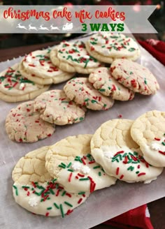 christmas cake mix cookies with white frosting and sprinkles