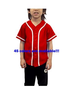 Kids baseball button down jersey for sports & league team uniforms. Proudly made in the U.S with high quality and comfort fit for everyday casual occasion. Easy to customize. Easy to add on your own custom designs, text, and team logos. Buttons spaced for easy application. Available in multiple colors and sizes(6M - 16Y). College Team-colored Cotton Baseball Jersey, College Baseball Jersey In Team Colors, Team-colored Cotton Baseball Jersey For Sports Fans, Customizable Cotton Baseball Jersey For College, College Cotton Jersey With Baseball Collar, Short Sleeve Baseball Jersey With Team Name, Customizable Red Collegiate Tops, Team-colored Cotton Baseball Jersey For Sports Season, Team-colored Fitted Baseball Jersey For Sports Events