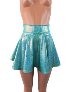 "Please measure yourself to see which length is right for you Marine/ Seafoam spandex skater skirt 15\" shown on mannequin. High waist skirt can be worn lower or higher most skirts allow you to place the waistline where it suits you on your particular body shape and personal desire! this fun flirty skirt is a full circle design and can be ordered in lengths of 10 inch, 12 inch, 15 inch and 19 inch- if you need a longer length contact me for a quote. Any of my items can be made in any spandex fab Stretch Skirt For Spring Costume Party, Shiny Fitted Skirt For Party Season, Fitted Shiny Skirt For Party Season, Fitted Pleated Tennis Skirt For Party, Fitted Short Tennis Skirt For Party, Fitted Short Length Tennis Skirt For Party, Cheerleading Stretch Mini Bottoms, Shiny Stretch Mini Skirt Bottoms, Shiny Stretch Mini Skirt