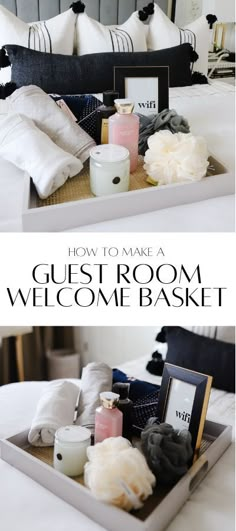 a tray that has some candles and other items on it with the words how to make a guest room welcome basket