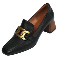 Looking for a versatile pair of shoes that can be dressed up or down? Check out our black loafer heels! These square-toed beauties are made of premium leather and feature gold metal hardware. They're the perfect shoes for any occasion. whether you're headed to the office or out on the town. Plus. they're so comfortable you'll want to wear them all day long. Don't miss out on this must-have style! Upper: Leather Lining: Leather Outsole: TPR Toe: Square Toe Closure: Slip on Heel: 5cm/2'' Color: Bl Classic Gold Heels For Office, Chic Loafers With Padded Heel And Square Toe, Square Toe Leather Shoes For Office, Gold Leather Heels For Office, Office Leather Shoes With Sculpted Heel And Square Toe, Formal Gold Leather Court Shoes, Square Toe Loafers With Padded Heel For Office, Luxury Square Toe Leather Shoes For Office, Leather Heels With Gold-tone Hardware For Office