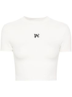 cream white jersey texture crew neck short sleeves embroidered logo at the chest cropped straight hem Kylie Cantrall, Random Clothes, Polo Women, Angels Logo, City Dress, White Jersey, Cropped T Shirt, Dolce E Gabbana, Summer Beach Wear