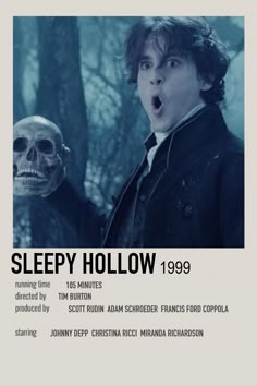 the poster for sleepy hollow is shown with an image of a man holding a skeleton